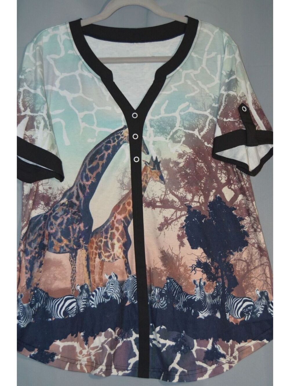 Women's Short Sleeve Button Front Top with Giraffe and Zebra Print, Size Large